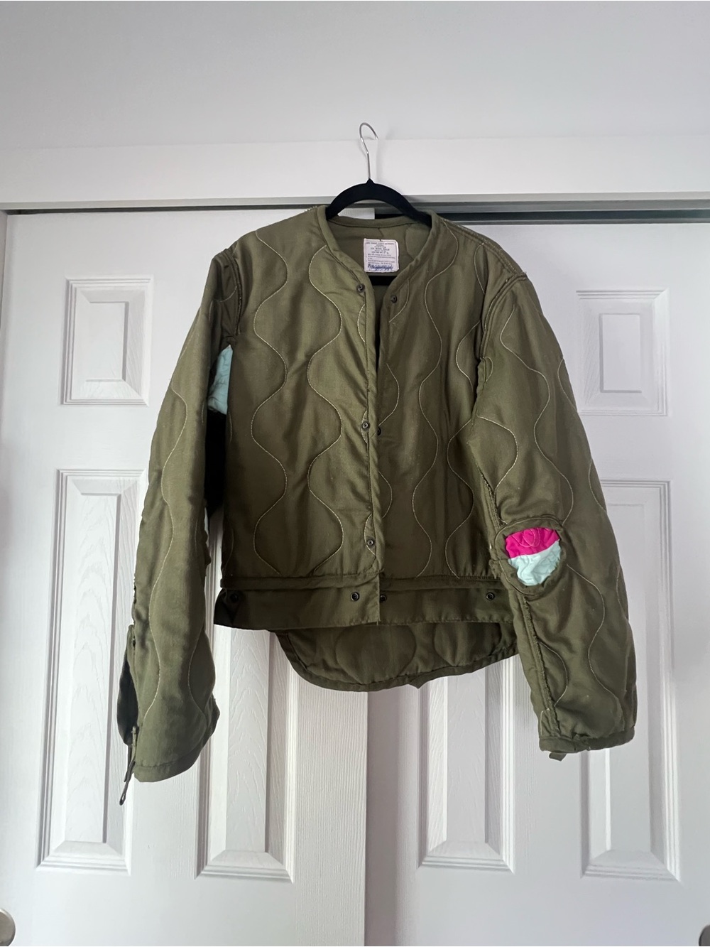 Women’s Olive Green Quilted Jacket with Pink patchworks Accent (size 8-10)